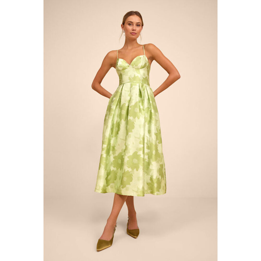 Lulus Vivinna Lime Green Floral Jacquard Pleated Midi Dress - Size M